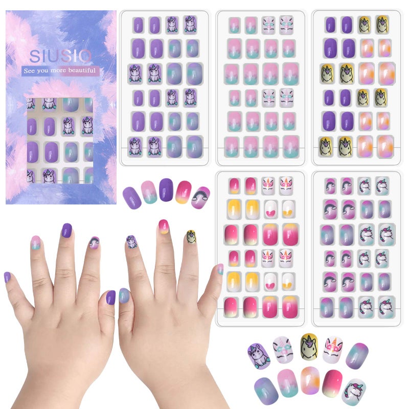 SIUSIO 120 Pcs 5 Pack Children Acrylic Fake Nails Press on Pre-glue Full Cover Glitter Gradient Color Rainbow Short False Nail Art Kits Set for Kids Little Girls - Unicorn Series - Image 1